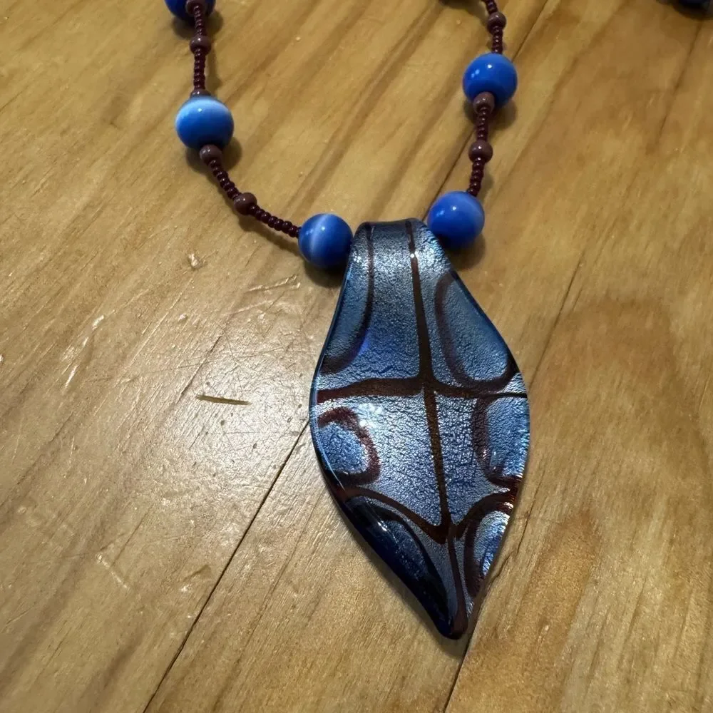 Blue Maroon Beaded Artisan Glass Pendant Necklace 15” with Bracelet/Earrings